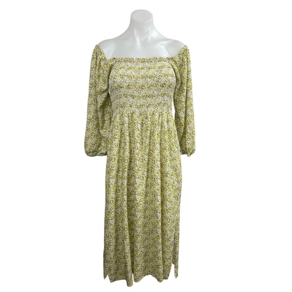 WAYF Nevaeh Yellow Ditsy Floral Smocked Long Sleeve Midi Flare A-Line Dress Sz S